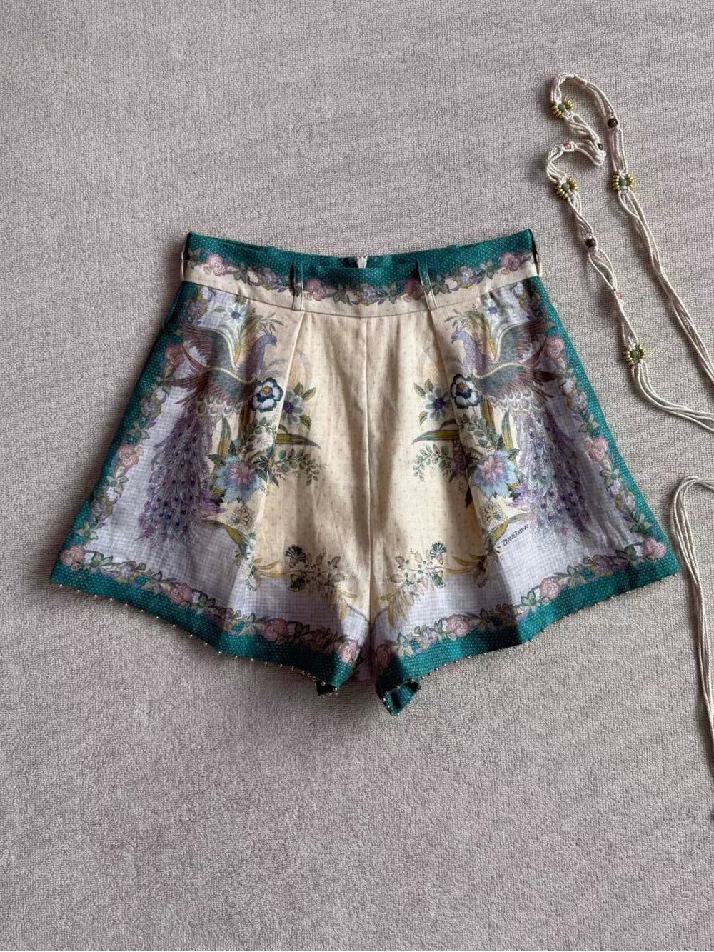 NWOT Zimmermann Floral High-Waist Linen Shorts in Teal Trim, Size AU 0/1/2/3